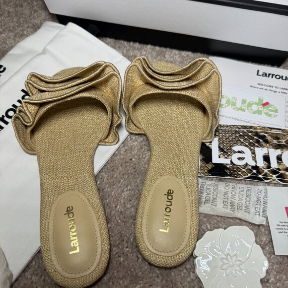 Larroude Ivy Ruffle Raffia Slide Sandal - Picture 2 of 6